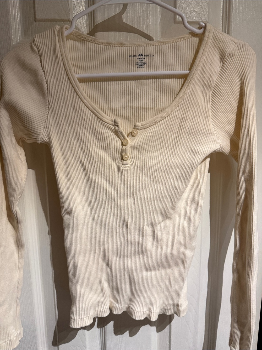 Brandy Melville Cream Ribbed Henley Long-Sleeve Top